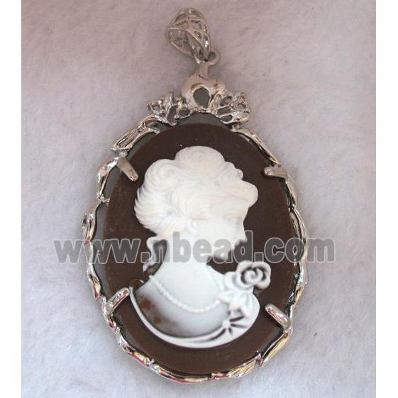 Victorian Lady Portrait Cameo resin pendant, platinum plated