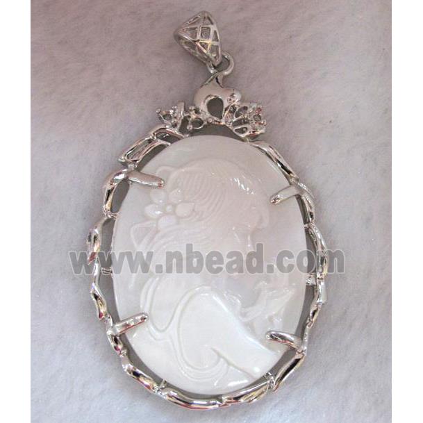 Victorian Lady Portrait Cameo, shell pearl pendant, platinum plated