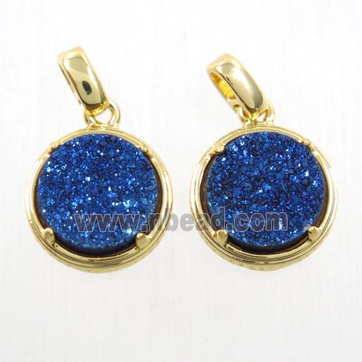 blue Druzy Agate pendant, flat-round, gold plated