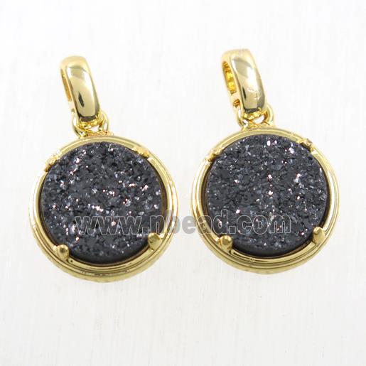 black Druzy Agate pendant, flat-round, gold plated