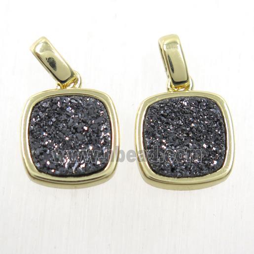 black Druzy Agate pendant, square, gold plated