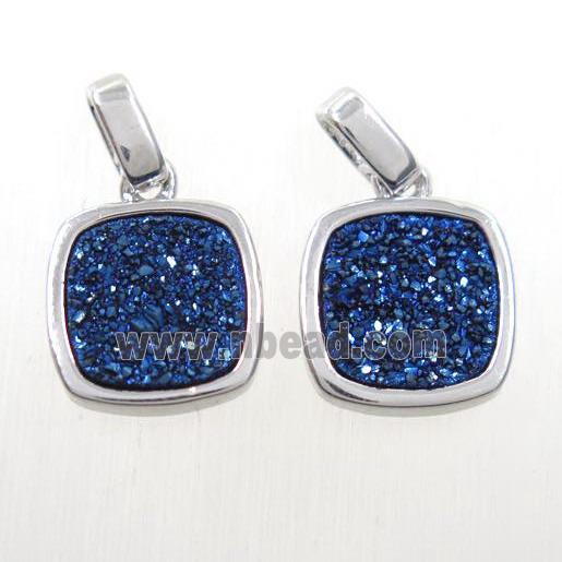 blue Druzy Agate pendant, square, platinum plated