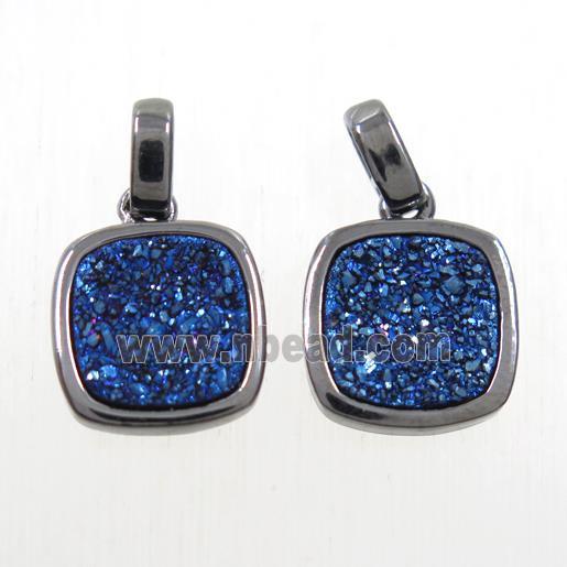 blue Druzy Agate pendant, square, black plated