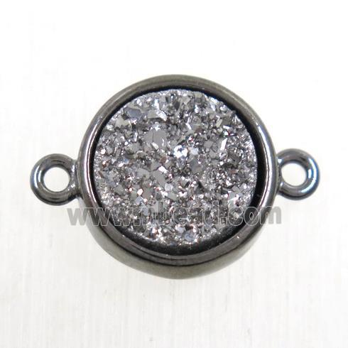 silver Druzy Agate connector, flat-round, black plated