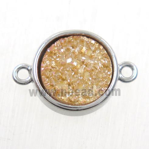 golden champagne Druzy Agate connector, flat-round, platinum plated