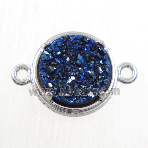 blue Druzy Agate connector, flat-round, platinum plated