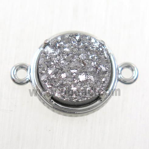 silver Druzy Agate connector, flat-round, platinum plated