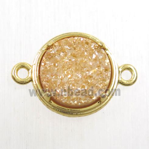 golden champagne Druzy Agate connector, flat-round, gold plated