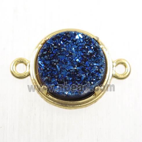 blue Druzy Agate connector, flat-round, gold plated