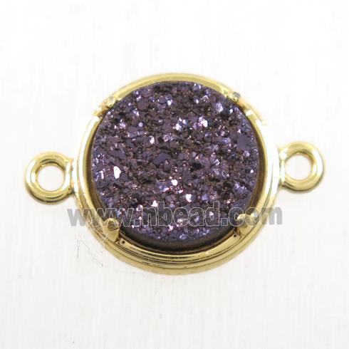 coffee Druzy Agate connector, flat-round, gold plated