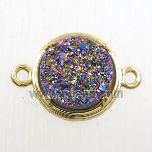 rainbow Druzy Agate connector, flat-round, gold plated