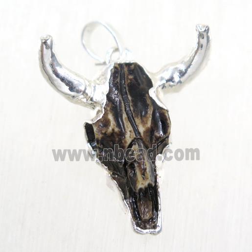black resin bullHead pendant, silver plated