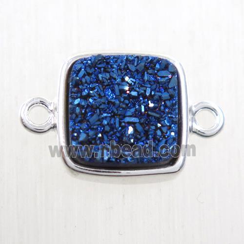 blue druzy quartz connector, square, platinum plated