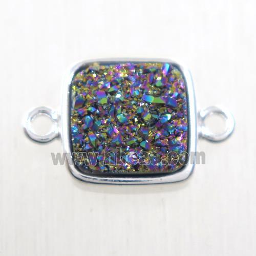 rainbow druzy quartz connector, square, platinum plated
