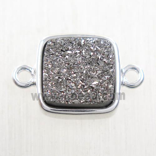 silver druzy quartz connector, square, platinum plated