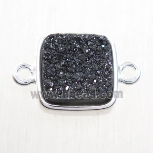 black druzy quartz connector, square, platinum plated