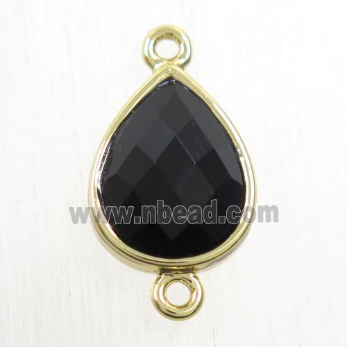 black Onyx Agate connector, faceted teardrop, gold plated