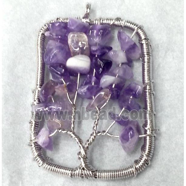 Purple Amethyst Chips Rectangle Pendant Tree Of Life Wire Wrapped Platinum Plated