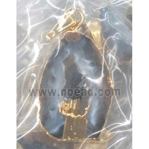 druzy agate slice pendant, freeform, paved tourmaline, gold plated