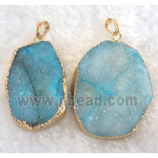 blue druzy quartz pendant, freeform