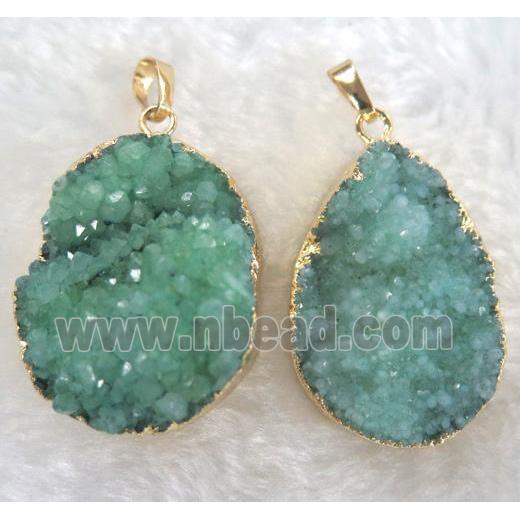 green druzy quartz pendant, freeform