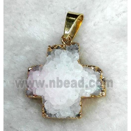 white druzy quartz pendant, cross, gold plated