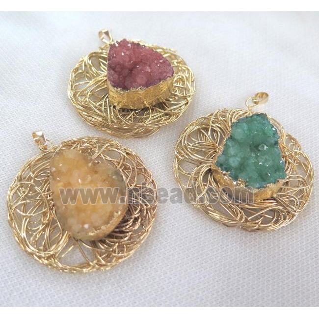 druzy quartz pendant, gold plated, mixed color