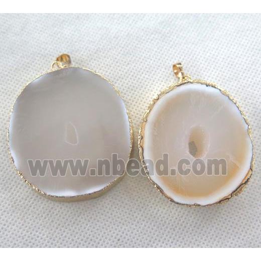 white agate druzy slab pendant, geode, freeform, gold plated
