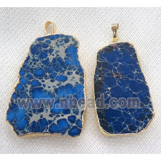 blue Sea Sediment pendant, freeform slab, gold plated