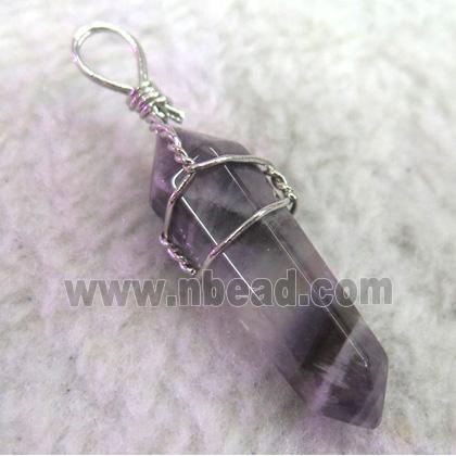 Amethyst pendant, bullet, wire wrapped
