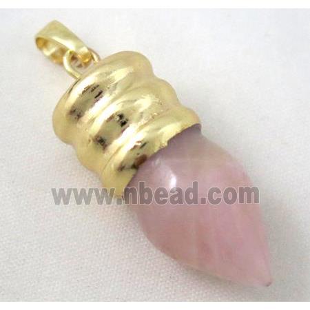 rose quartz bullet pendant, gole plated