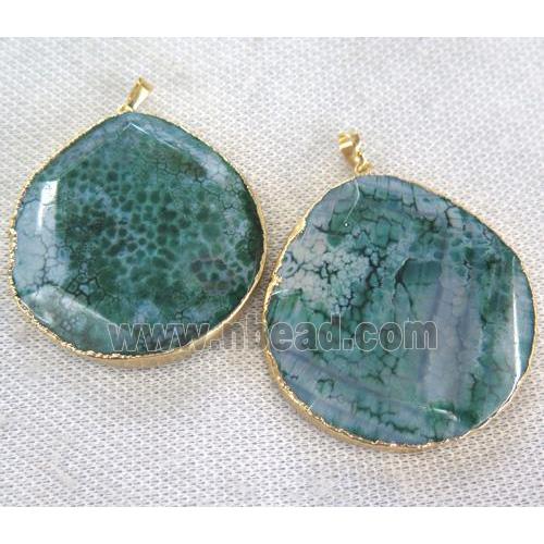 green agate pendant, faceted teardrop, gold plated