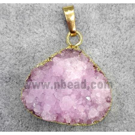 pink druzy quartz teardrop pendant, gold plated