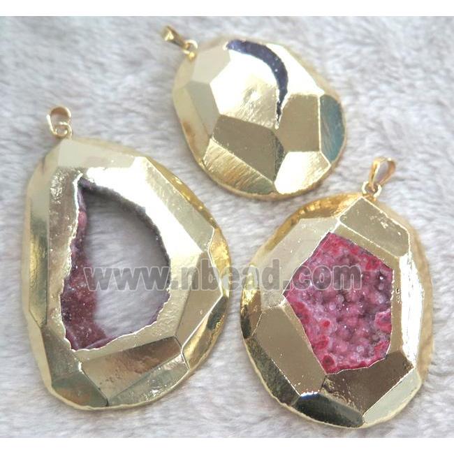pink druzy agate pendant, geode, freeform, gold plated