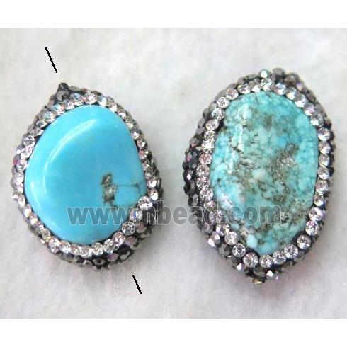 turquoise bead with rhinestone, freeform, blue