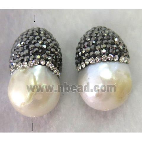 white freshwater pearl beads with rhinestone, teardrop