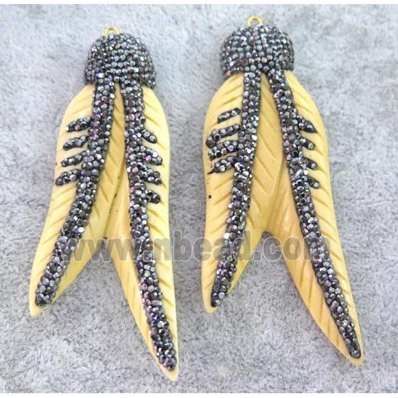 yellow cattle bone feather pendant paved rhinestone