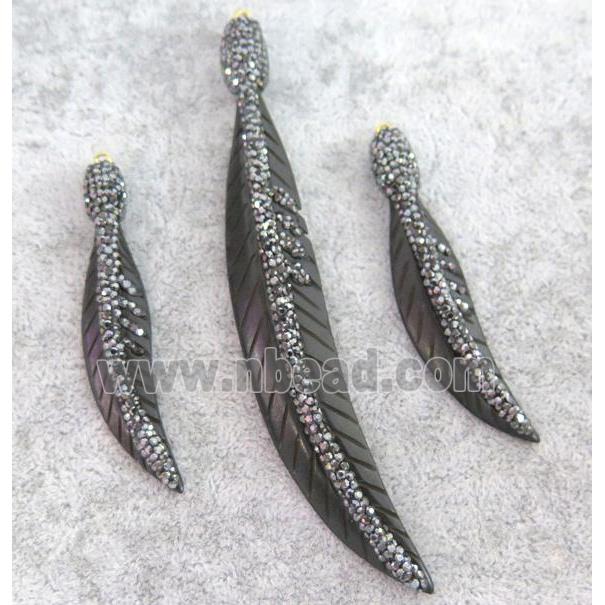 cattle bone pendant paved rhinestone, feather, black