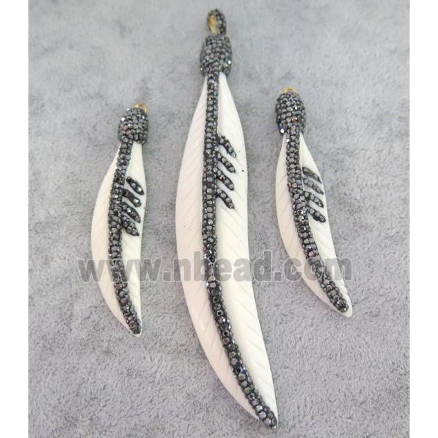 whiite cattle bone pendant paved rhinestone, feather