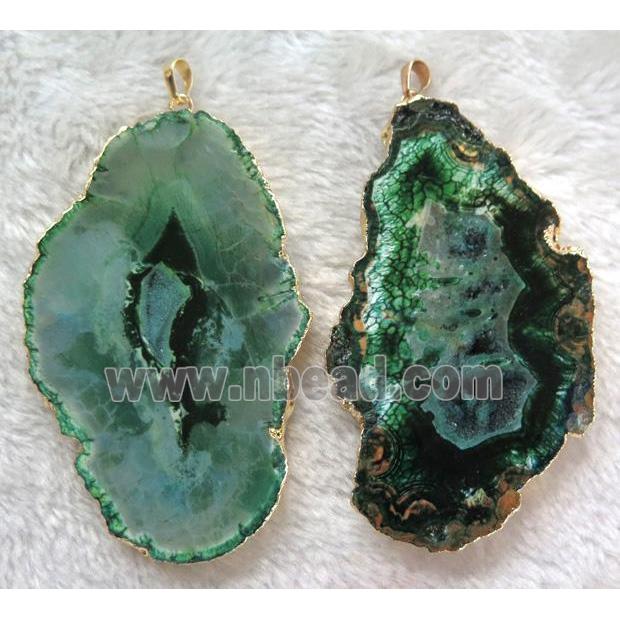 green Agate druzy slice pendant, flat freeform, gold plated