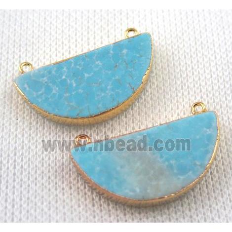 blue turquoise pendant with 2holes, half round, gold plated
