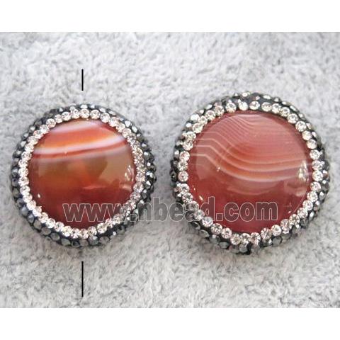 red agate spacer bead pave rhinestone, flat-round