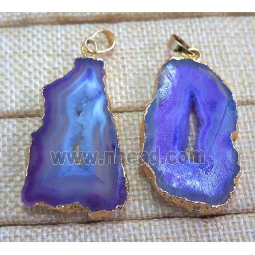 purple druzy agate slice pendant, freeform, silver plated