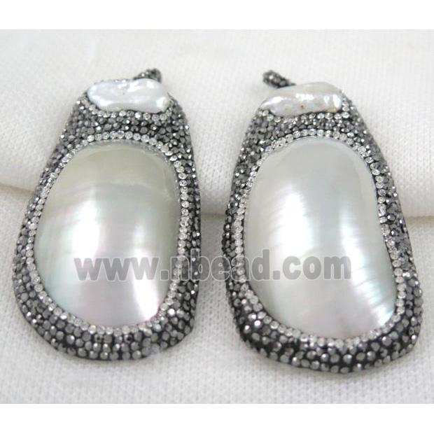 white Pearl shell pendant paved rhinestone, freeform