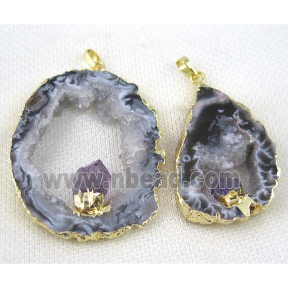 Agate Druzy slice pendant with amethyst, freeform, gold plated
