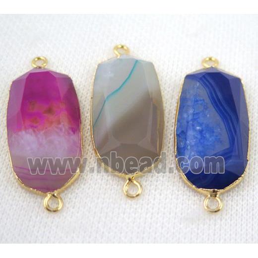 agate connector, faceted oval, mix color, gold plated