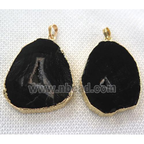 black agate slice pendant with geode, flat freeform, gold plated