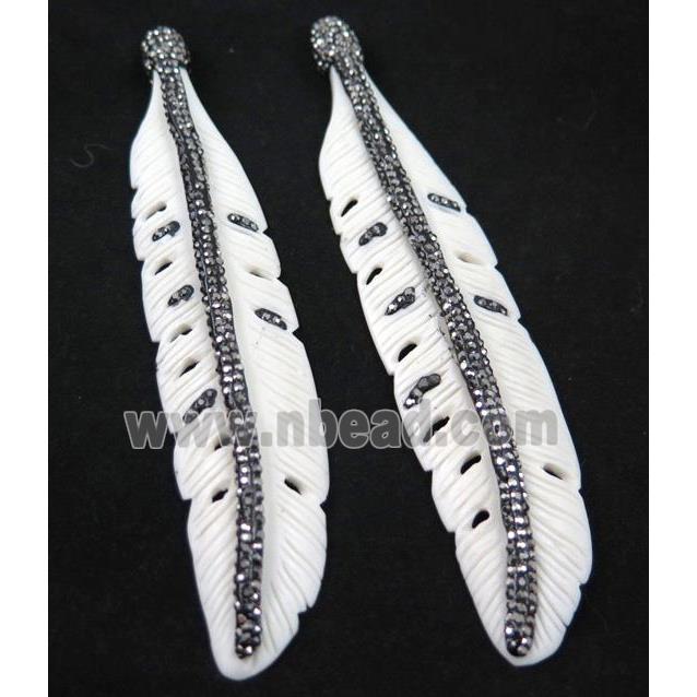 bone feather pendant paved rhinestone, white