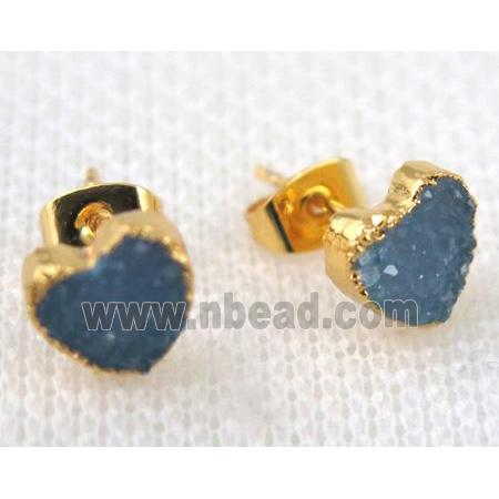 blue agate druzy heart earring stud, copper, gold plated
