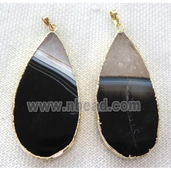black agate pendant white druzy, teardrop, gold plated